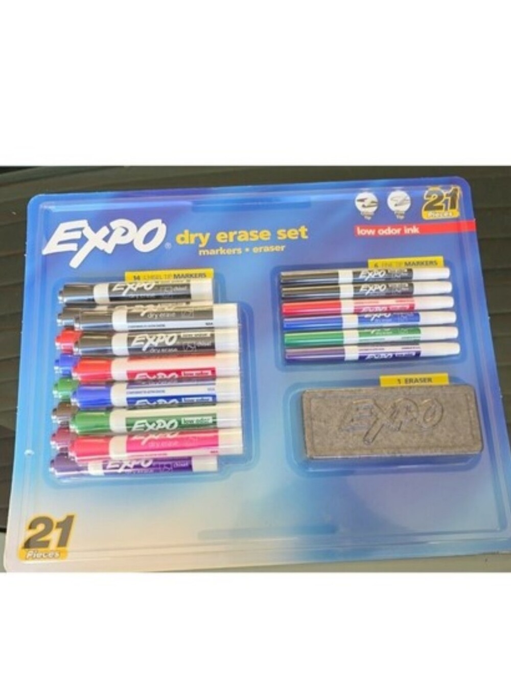 NEW EXPO DRY ERASE MARKERS21 Pc. CLASS, School Office Chisel & Fine Tip Eraser